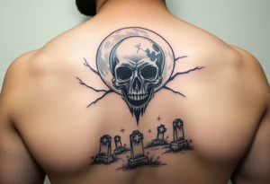 Full moon morphed with a skull shining above an eerie cemetery tattoo idea
