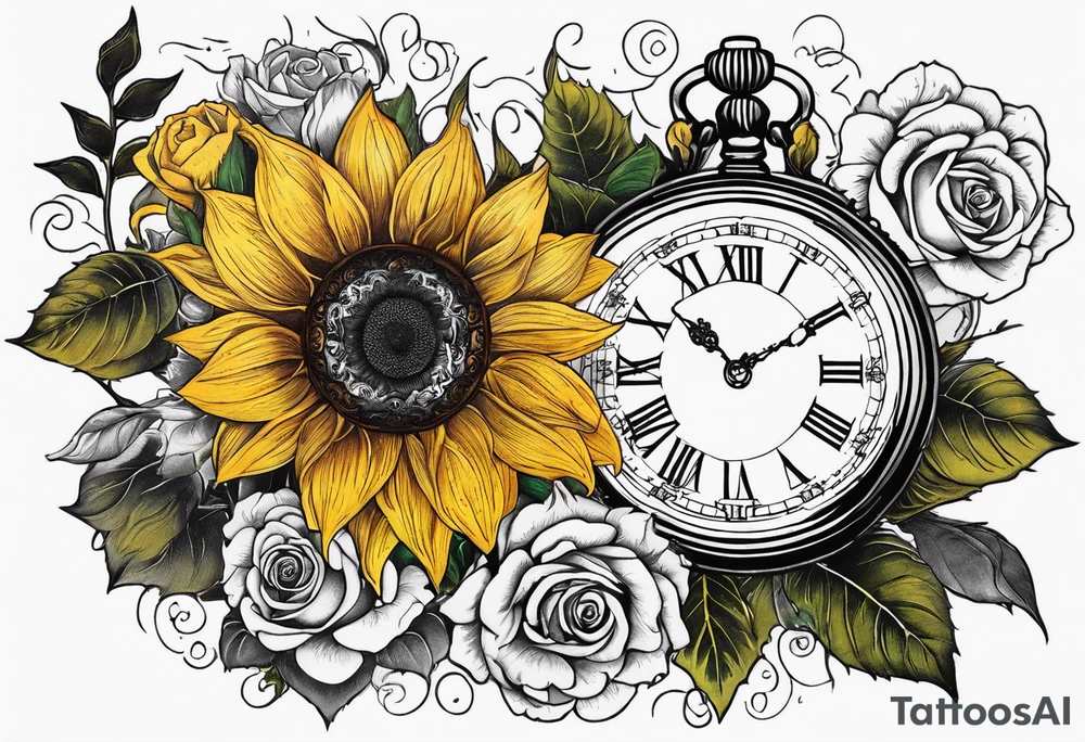 Sunflower, roses, witchy, 3 pocket watches, celestial, music, self care tattoo idea