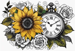 Sunflower, roses, witchy, 3 pocket watches, celestial, music, self care tattoo idea