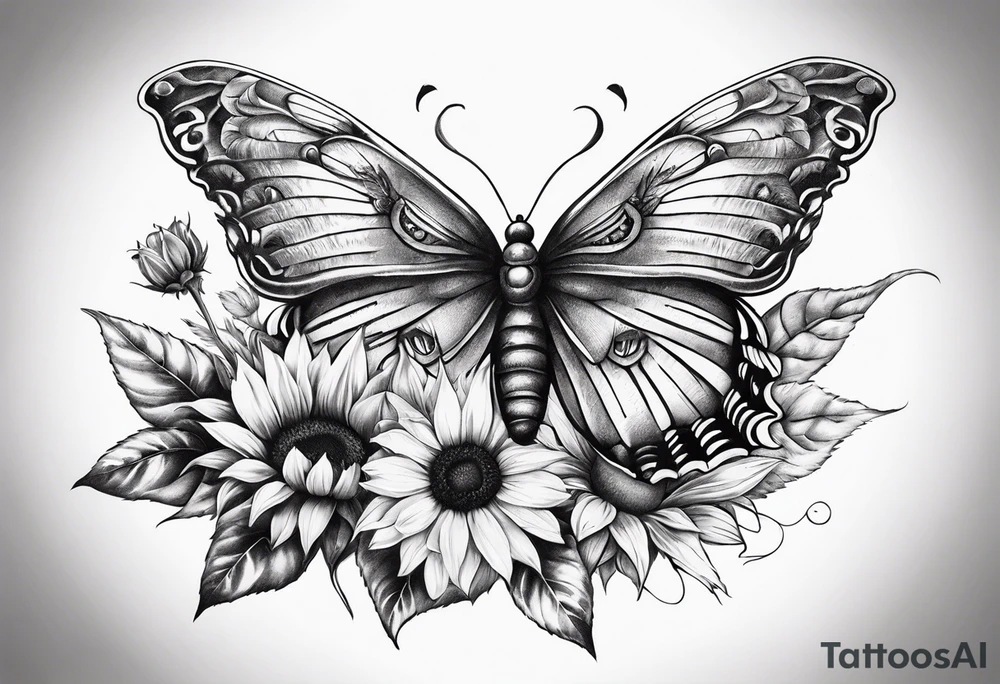 Sleeve with angel wings, sunflower and butterfly tattoo idea
