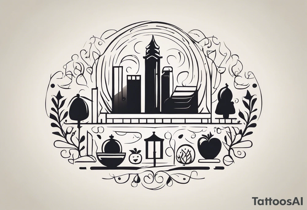 Produce a stylized drawing, to be used as a tattoo, representing a family of 5 people, a man and a woman, 3 children, one of which is a 10-year-old boy, a 7-year-old girl and a 3-year-old boy. The mother must have something that identifies her as a lawyer, while the father must have something that recalls the computer or new technologies. Thin lines tattoo idea