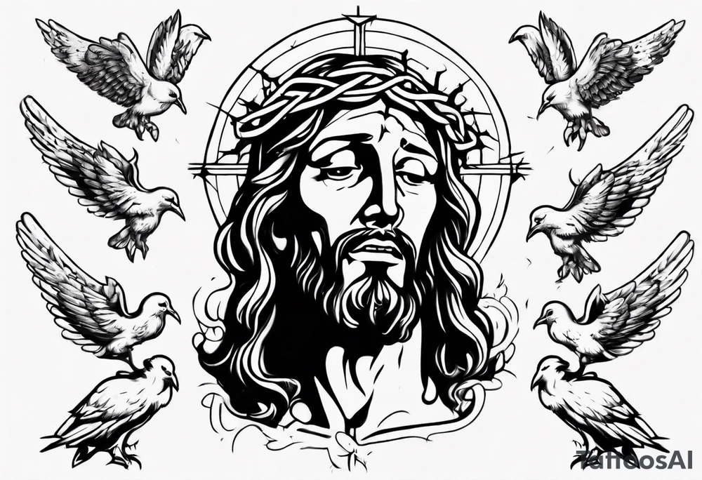 Jesus with thorns looking up and crying, doves, lambs, blood tattoo idea