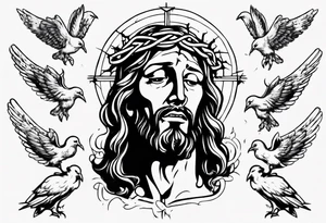 Jesus with thorns looking up and crying, doves, lambs, blood tattoo idea