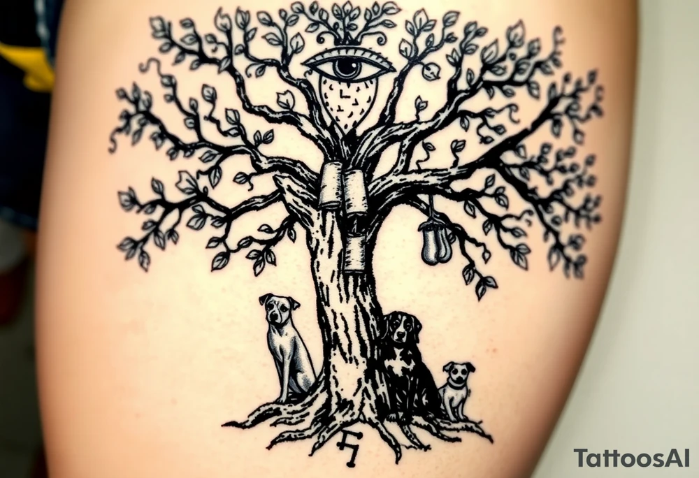 Hippy beech tree full of life. 
Jamie, Derek, Iris, John, bill, Winnie names in the roots, Mavis, Garhi, Mickey, Pam, Lucy, in the branches at the top. Names can be in Hebrew. 
Three dogs a Rhodesian Ridgeback, King Charles cavalier and chihuahua. 
Prett, feminine ornate. Boxing gloves hanging from tree maybe with an all seeing eye overseeing it all. Must be feminine and pretty tattoo idea