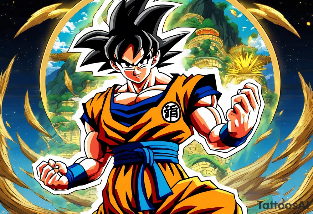 Son-Goku as a super saiyajin . A huge dragonball surrounds the whole scenery. Silhouettes of Gokus friends are surrounding him. tattoo idea
