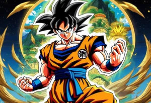 Son-Goku as a super saiyajin . A huge dragonball surrounds the whole scenery. Silhouettes of Gokus friends are surrounding him. tattoo idea