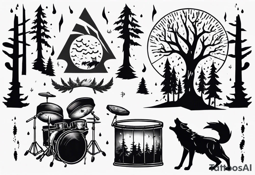 thunderstorm over a forest with a wolf howling on drums tattoo idea thunderstorm over a forest with a wolf howling on drums tattoo idea