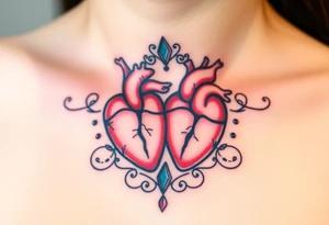 Two anatomical hearts surrounded by filigree and crystal or gem accents tattoo idea