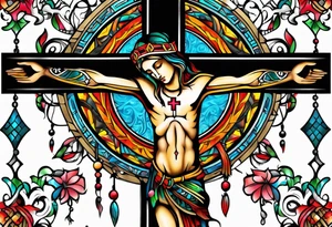 Colourful tribal crucifix tattoo idea