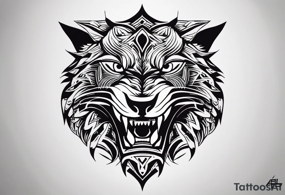 A tattoo designed for the knee, featuring the face of a mitological beast with wild, exaggerated features, such as sharp fangs, intense eyes, and a snarling expression. The design incorporates large areas of white space for contrast, with beams of light or energy radiating outward from the beast’s eyes in a chaotic and powerful pattern. The overall look should be bold and primal, with flowing lines that adapt naturally to the curvature of the knee. tattoo idea