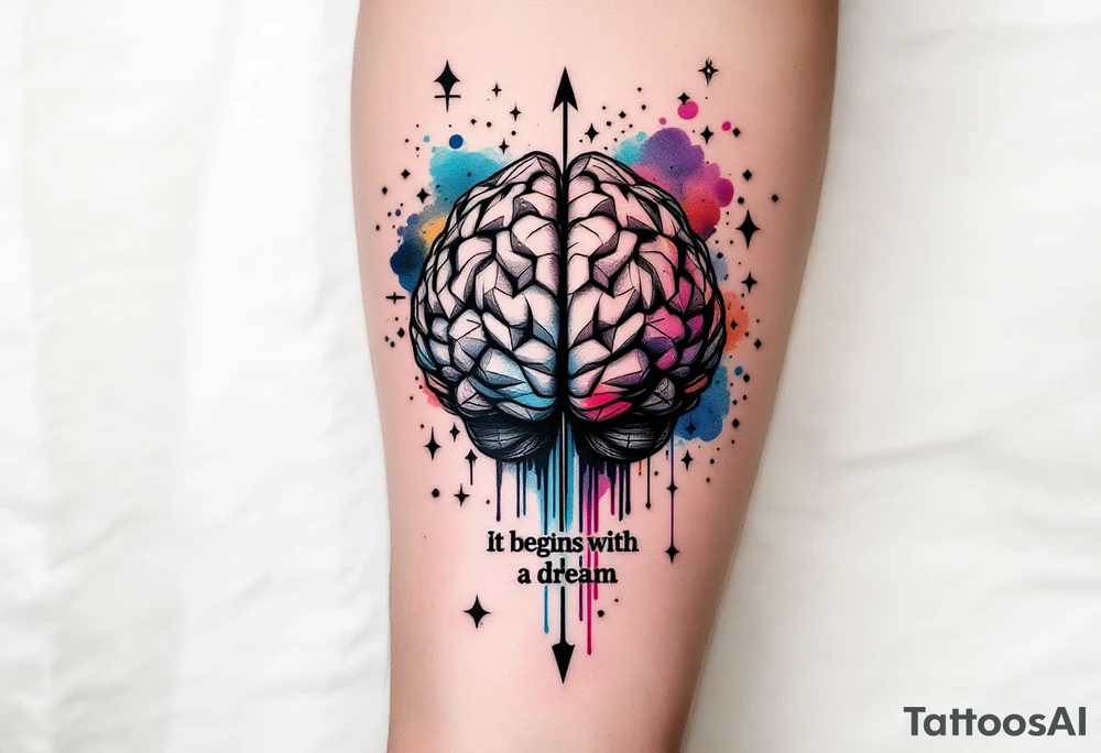 A front-seen brain in geometric and straight lines, with few watercolor details but mostly black, symbols representing intelligence, creativity and dreaming flying arround, the phrase "It begins with a dream" and an arrow crossing from above with watercolors leaking from it tattoo idea