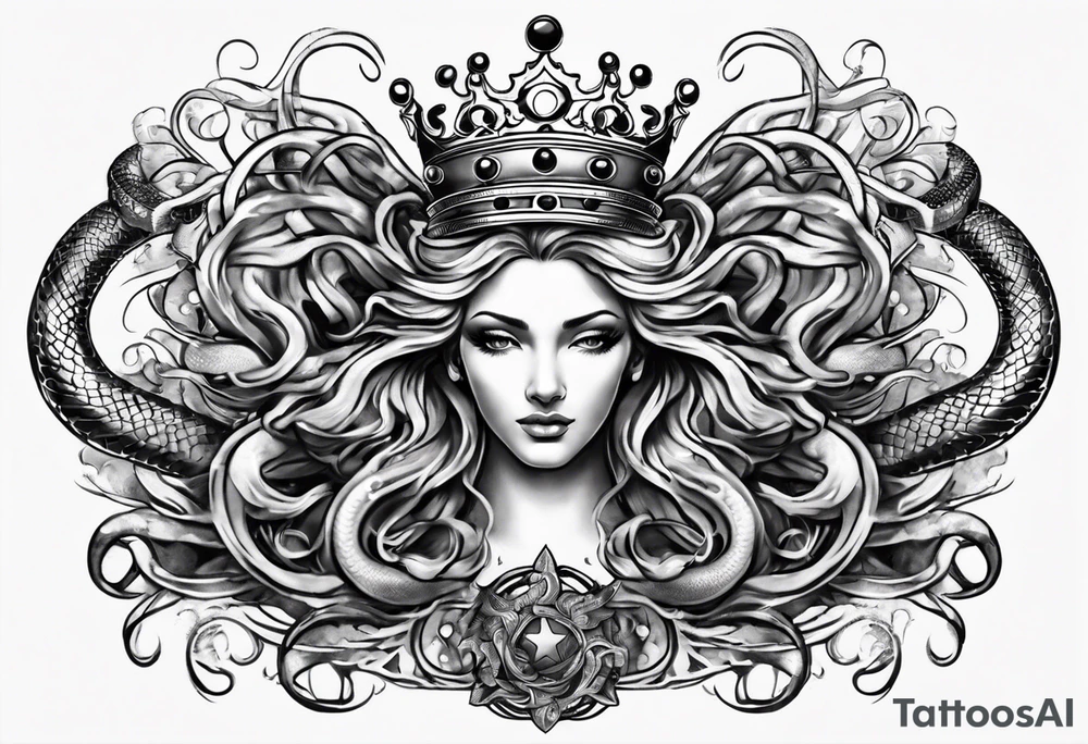 crown and medusa snakes merged tattoo idea