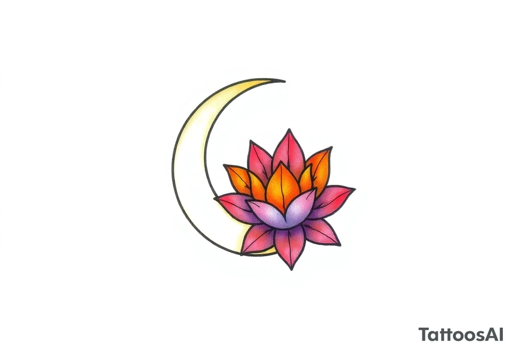 small colorful crescent moon with lotus flower tattoo idea