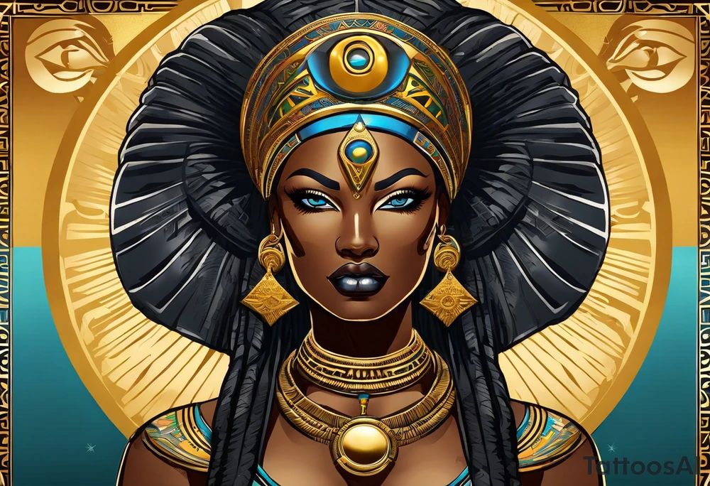 African Goddess wearing the eye of Horus in the center of her forehead and the ankh symbol necklace in gold with the sun on one side behind her and the moon on the opposite side behind her tattoo idea