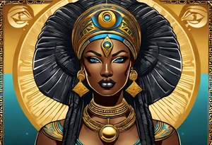 African Goddess wearing the eye of Horus in the center of her forehead and the ankh symbol necklace in gold with the sun on one side behind her and the moon on the opposite side behind her tattoo idea
