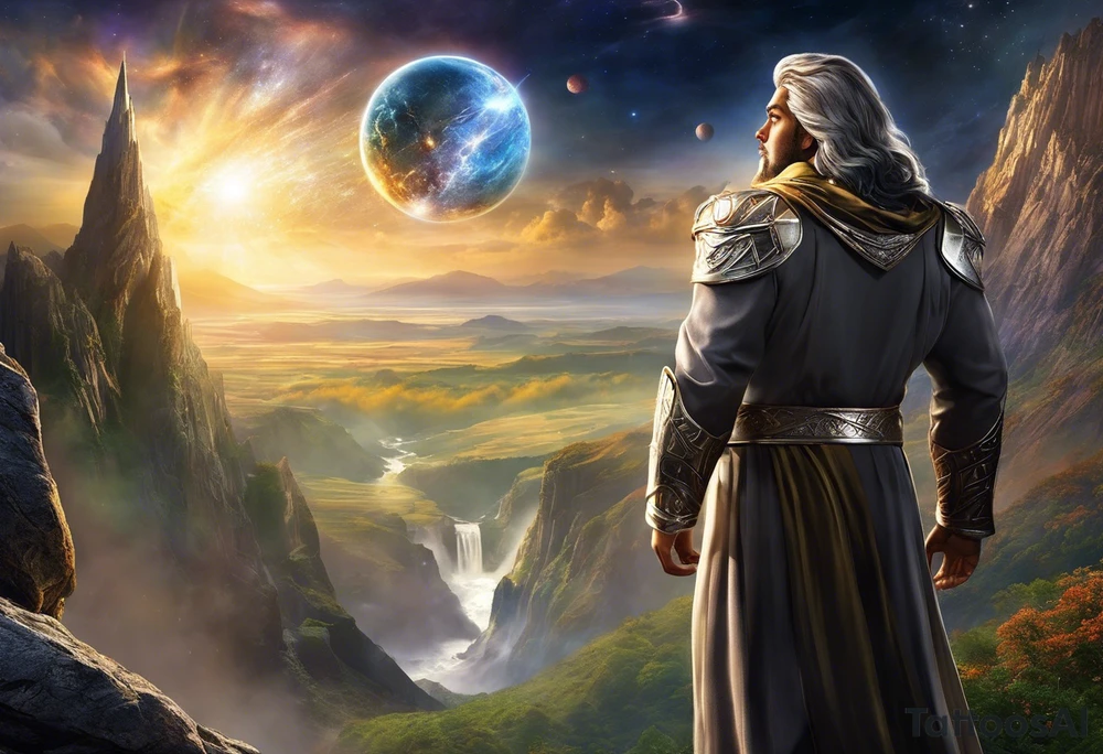 Jehovah looking out at the marvels of his creation from the atoms to the galaxy and celestial beings. With grey wash and a fantasy theme. Jehovah has to be a character who is so majestic, charismatic, immensely powerful. There isnt a single thing he isnt capable of doing. Infinitely powerful forward facing. Without the pagan styled attire and without the pagan symbols etcetera, shirtless, large muscular athletic physique, deep muscle definition tattoo idea