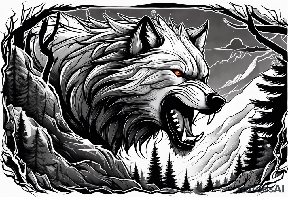 Powerful storm raging through forest with an alpha wolf snarling tattoo idea