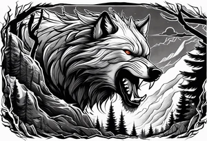 Powerful storm raging through forest with an alpha wolf snarling tattoo idea