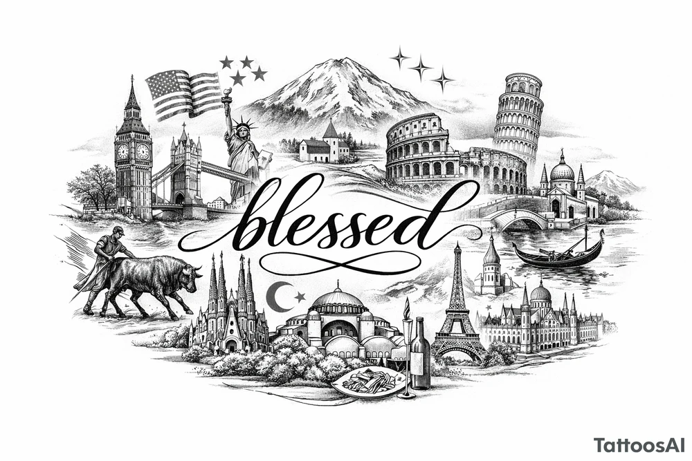 Fine line surrel around “blessed” central inner forearm
England, USA, Iceland (3stars), Italy(2stars), Spain, Turkey(2stars), France & Hungary tattoo idea