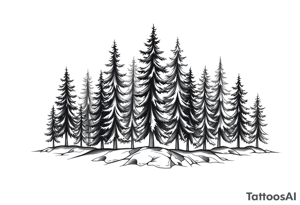 Coniferous forest trees in black and gray tattoo sleeve tattoo idea