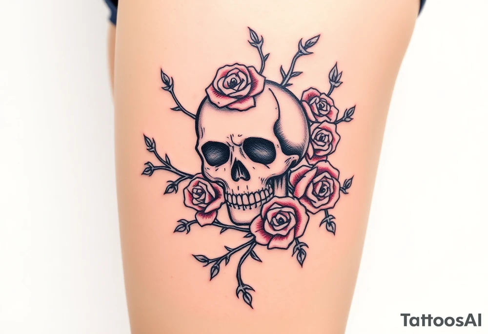 skull intertwined with roses and thorns tattoo idea