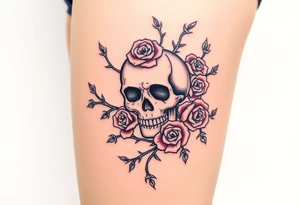 skull intertwined with roses and thorns tattoo idea
