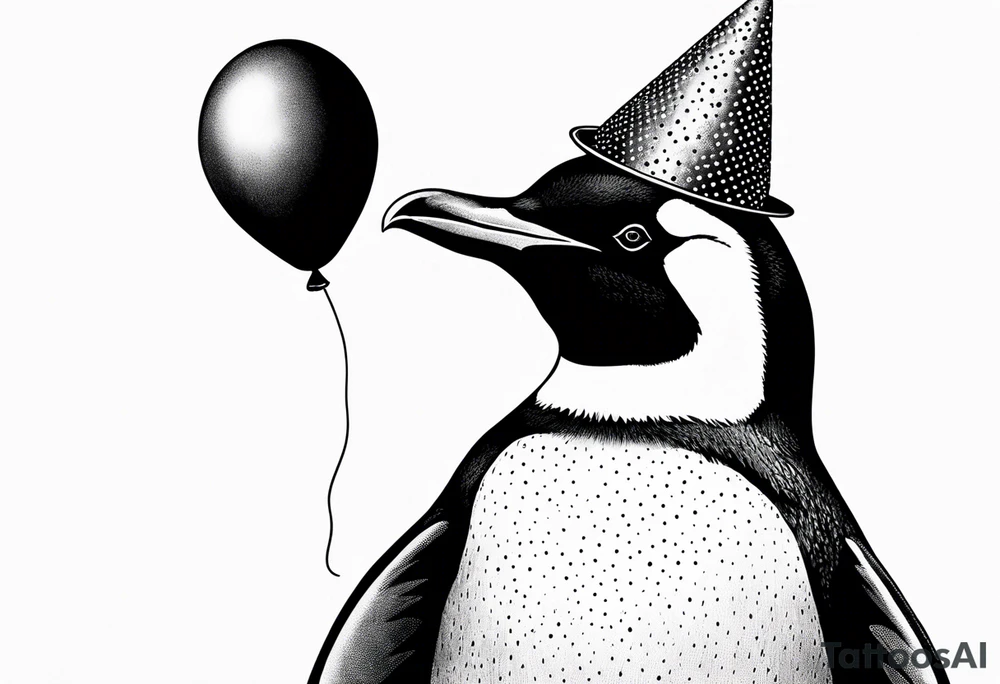 Realistic Penguin with a party hat and holding a ballon crosshatch style tattoo idea