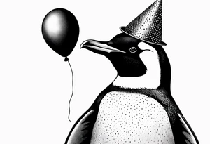 Realistic Penguin with a party hat and holding a ballon crosshatch style tattoo idea