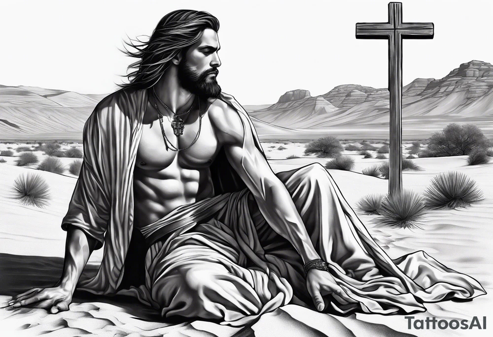 man crawling in a desert toward the cross of Christ tattoo idea