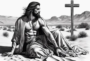 man crawling in a desert toward the cross of Christ tattoo idea