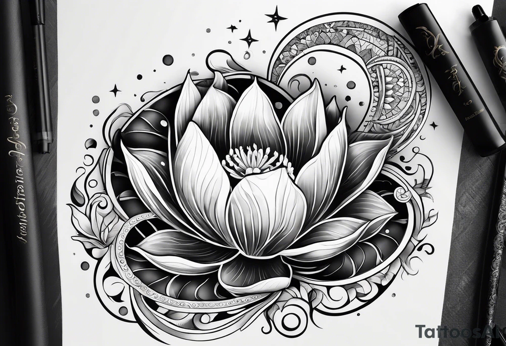 Lilly pad with white flower and crescent moon tattoo idea