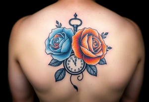 2 Blue and orange roses with a clock on the thigh that’s says Prince, Christopher, Mckyiah, Christopher Sr tattoo idea