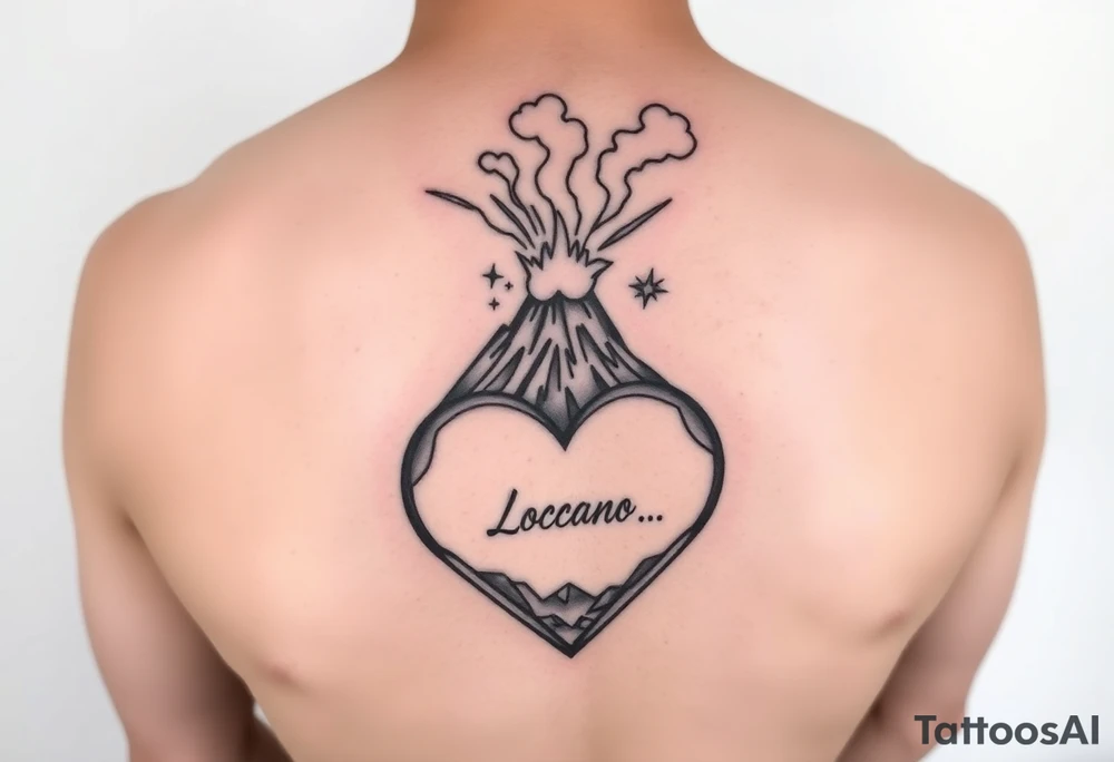 Geometric Volcano tattoo erupting in a heart with text Avery Gray tattoo idea