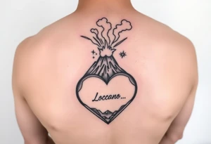 Geometric Volcano tattoo erupting in a heart with text Avery Gray tattoo idea