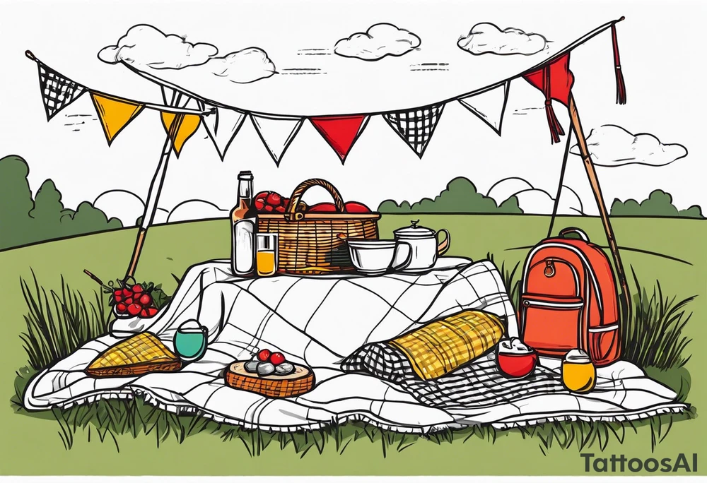 picnic scene on a meadow, with a sheckers blanket, basket, pillows and party pennants. No food and no people. Thin lines. tattoo idea