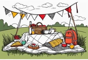 picnic scene on a meadow, with a sheckers blanket, basket, pillows and party pennants. No food and no people. Thin lines. tattoo idea