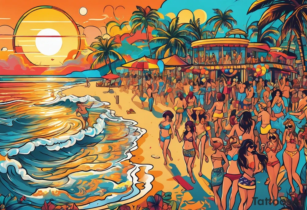 1970'S BEACH DANCE PARTY 
party, include confetti, music notes, 
, bikinis sunset in the center tattoo idea
