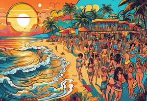 1970'S BEACH DANCE PARTY 
party, include confetti, music notes, 
, bikinis sunset in the center tattoo idea