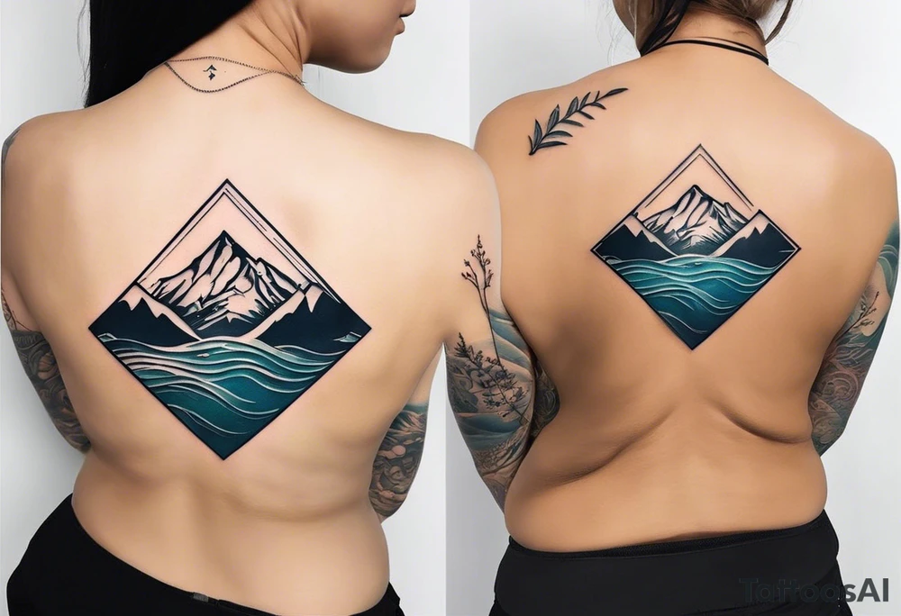 This is a minimalistic tattoo that is split into 2 sections; a top half and a bottom half. The top half is a mountain in Norway with a mountain bike trail winding down the mountain. The bottom half of the tattoo depicts an underwater scene featuring water, and sea life. tattoo idea