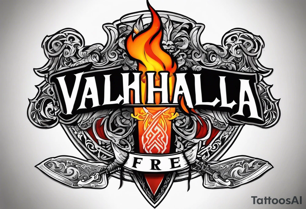 Valhalla on  fire shield sword tattoo idea