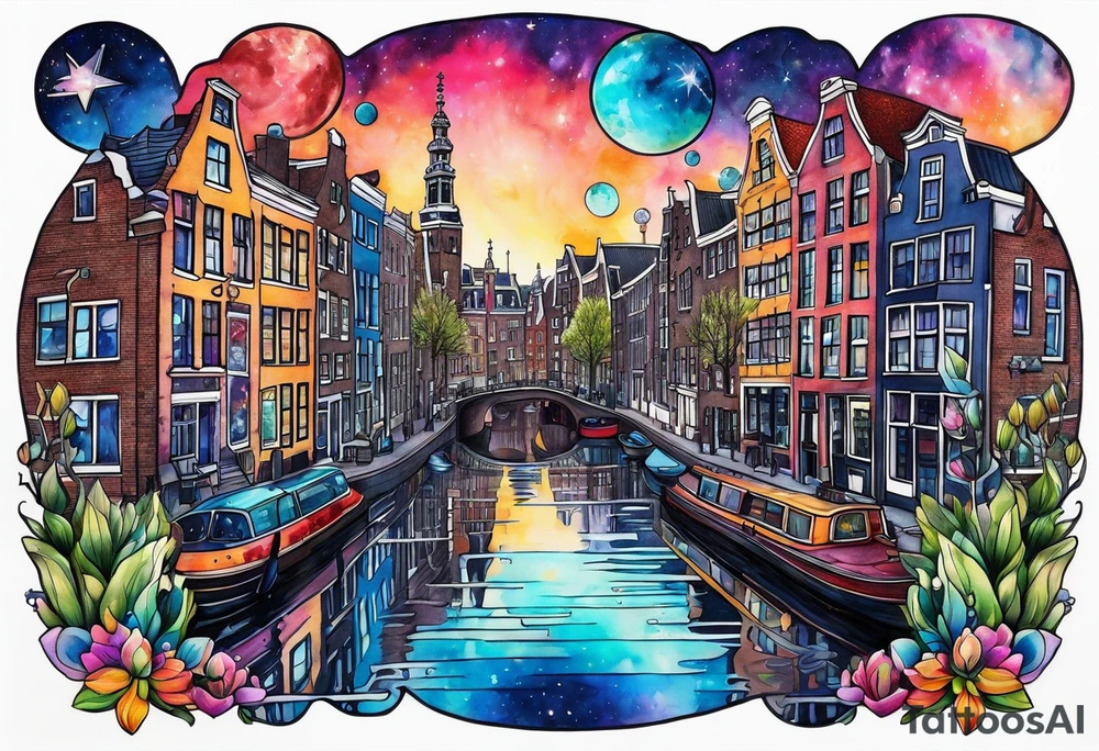 Glass animals in Amsterdam canal in space featuring galaxy colours tattoo idea