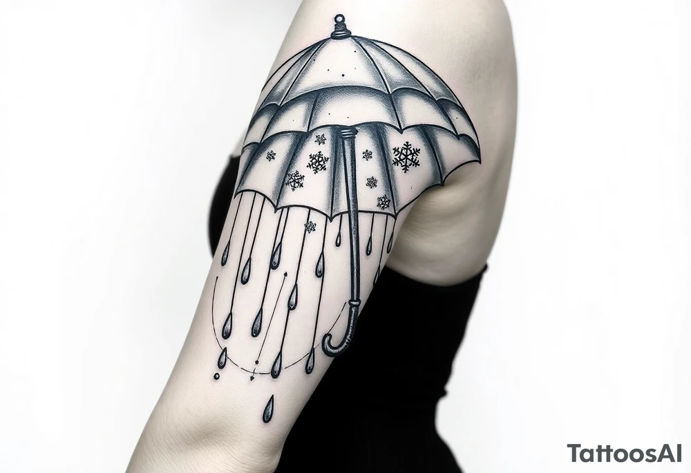 An umbrella with snowflakes falling on it and then cascading down the bottom of the umbrella with rain drops tattoo idea