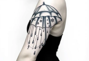 An umbrella with snowflakes falling on it and then cascading down the bottom of the umbrella with rain drops tattoo idea