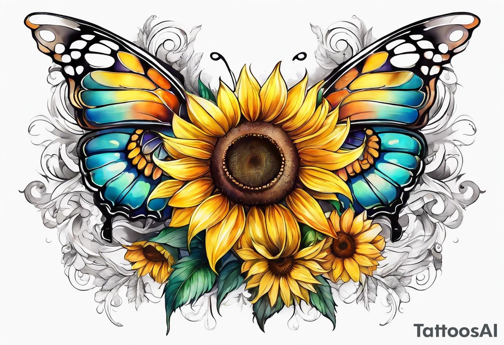 Sleeve with angel wings, sunflower and butterfly tattoo idea