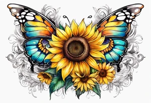 Sleeve with angel wings, sunflower and butterfly tattoo idea