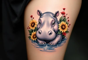 Cute hippo with sunflowers, red carnations, and water tattoo idea