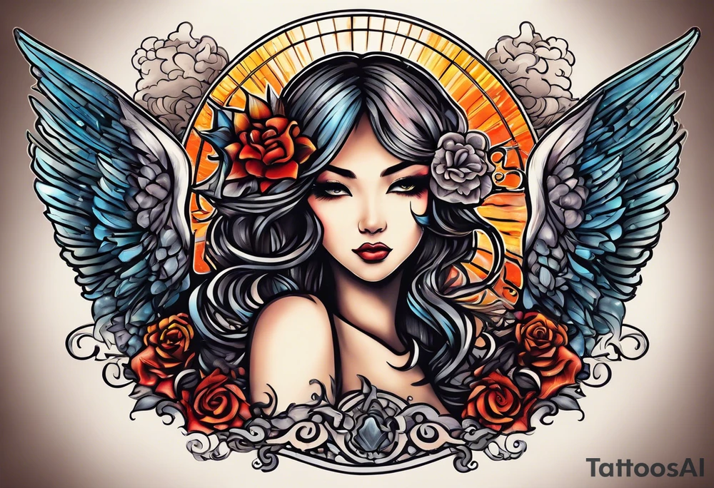 angel girl on right side whispering, devil girl on left side whispering, with rays of sun and clouds. Organ pipes center tattoo idea