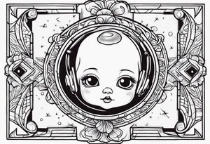 Old school cartoon foetus dans un rectangle à la verticale tattoo idea