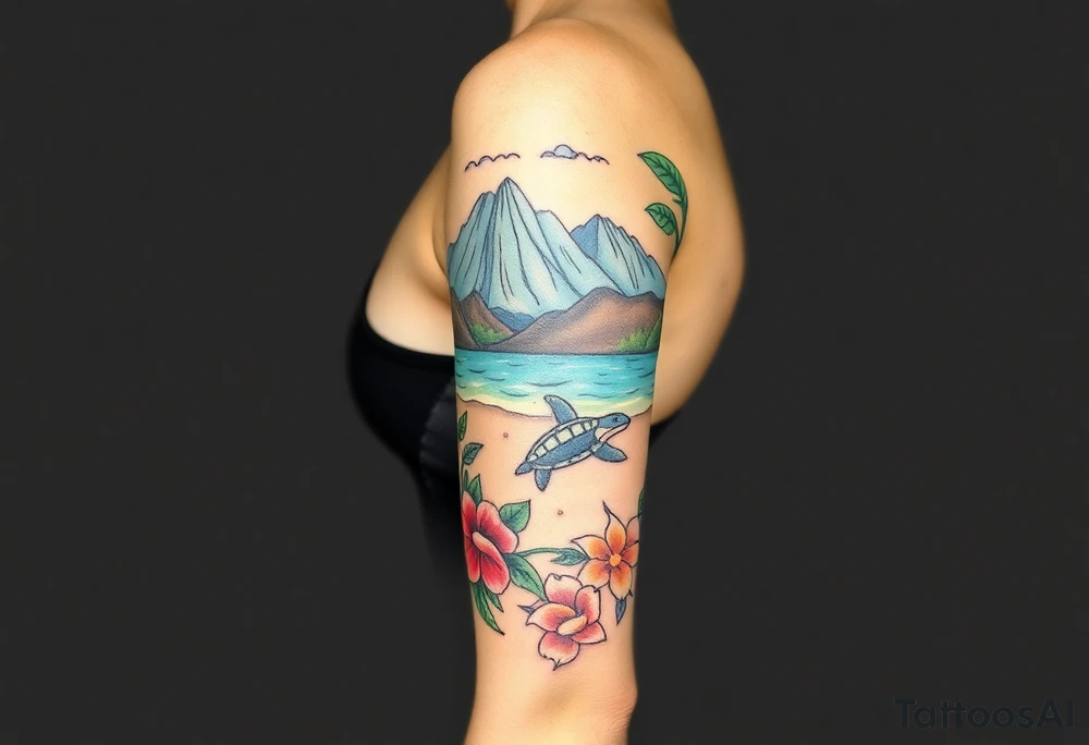 half sleeve, hawaiian theme, with water, mountains, tropical flowers, turtles, dolphins. tattoo idea