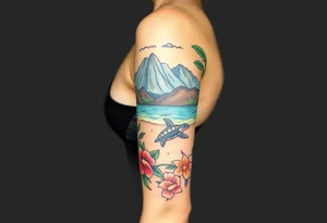 half sleeve, hawaiian theme, with water, mountains, tropical flowers, turtles, dolphins. tattoo idea